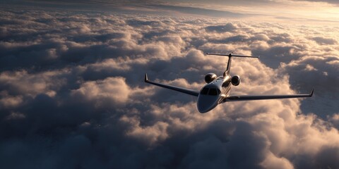 Cinematic photograph of a private jet flying above the clouds, clear sky, cinematic shot, cinematic lighting, dramatic, ultra-realistic