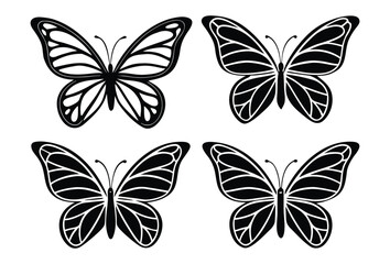Four detailed black butterfly silhouettes with intricate wing patterns on a white background silhouette