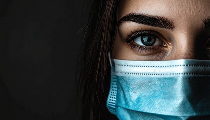 Fototapeta premium Captivating close-up portrait of a woman with striking blue eyes wearing a protective surgical face mask against a dark background.