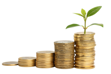Stacks of coins in ascending order with a sprout growing from the tallest stack on black background created with generated ai