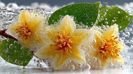 Star Fruit in Water: A vibrant composition, showcasing star fruits with a leaf in refreshing water, evokes a sense of freshness and natural beauty.
