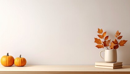Minimalist autumn concept with pumpkins and fall leaves on a wooden desk. Seasonal background for product display or copy space.