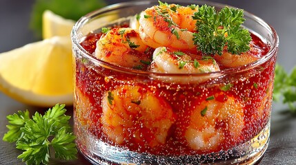 Delicious Shrimp Cocktail Delight: Succulent shrimp bathed in a vibrant, flavorful sauce, garnished with fresh herbs and lemon wedges, offering a visual feast of culinary perfection.
