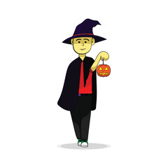 Vector Illustration of Young Wizard Holding Jack O’ Lantern for Halloween Design