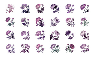 Set of 24 Beautiful Colorful Floral Illustrations Featuring Lavender, Lotus, Roses, Daisies, Gerbera, Hibiscus, Lilies, Peonies, Orchids, Cherry Blossoms, and Plumeria Flowers in Elegant Botanical Ar