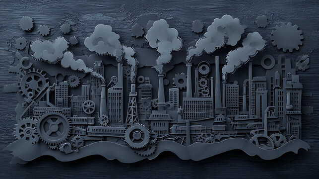 Industrial cityscape with gears and steam, intricate 3D illustration representing manufacturing and industry