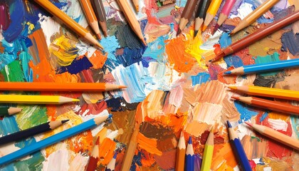 Obraz premium Vibrant Colored Pencils Arranged on an Artist's Palette