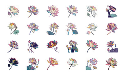 Set of 24 Beautiful Colorful Floral Illustrations Featuring Lavender, Lotus, Roses, Daisies, Gerbera, Hibiscus, Lilies, Peonies, Orchids, Cherry Blossoms, and Plumeria Flowers in Elegant Botanical Ar