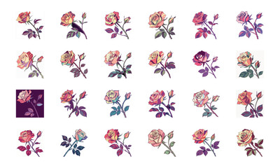 Set of 24 Beautiful Colorful Floral Illustrations Featuring Lavender, Lotus, Roses, Daisies, Gerbera, Hibiscus, Lilies, Peonies, Orchids, Cherry Blossoms, and Plumeria Flowers in Elegant Botanical Ar