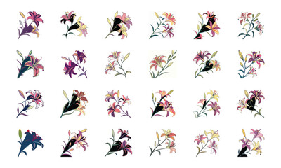 Set of 24 Beautiful Colorful Floral Illustrations Featuring Lavender, Lotus, Roses, Daisies, Gerbera, Hibiscus, Lilies, Peonies, Orchids, Cherry Blossoms, and Plumeria Flowers in Elegant Botanical Ar