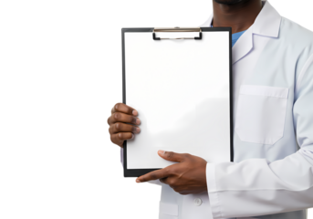 Closeup of a Doctors Hands Holding a Blank Clipboard isolated on transparent background