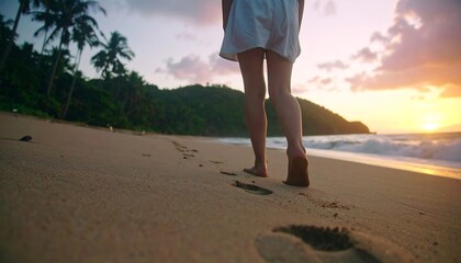 Barefoot woman walking on beach at sunset
