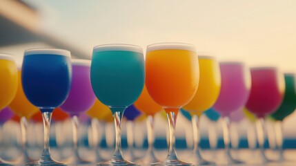 Bold Colors Are at the Forefront of a Creative Image Concept. Colorful Beverages in Various Glasses on a Bright Summer Day by the Poolside