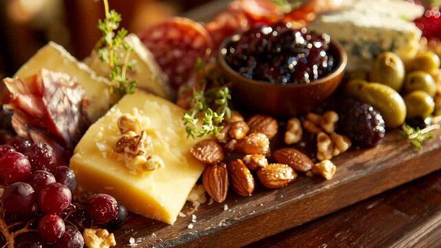 A wooden tray with a variety of cheeses, nuts, and fruits. The tray is set on a table and he is a delicious and inviting spread