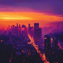 Fototapeta premium Bold Colors Are at the Forefront of a Creative Image Concept. Vibrant Sunset Over City Skyline with Glowing Lights and Dramatic Cloud Patterns