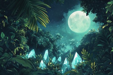 A lush jungle with crystalline leaves that refract light like diamonds, glowing softly under a mystical moon, ethereal fantasy setting