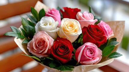 A Bouquet of Roses: A beautiful bouquet of colorful roses, a symbol of beauty and affection, the floral arrangement adds a touch of elegance and charm.