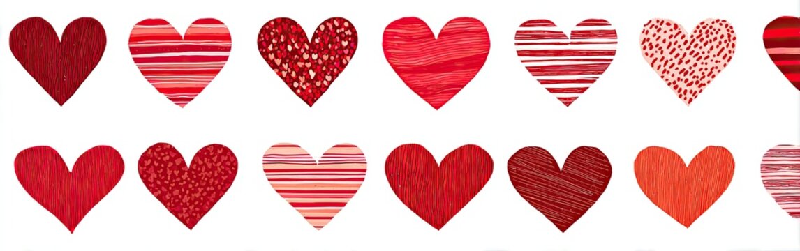 Twelve hearts in various red patterns on a white background