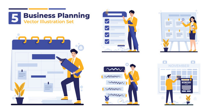 Business Planning Vector Flat Concept Illustration Set for Agenda Management, Scheduling, Appointments Booking, Activity Planning, and To-Do List Management