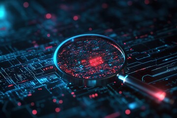 "A robotic magnifying glass zooming in on a glowing security breach warning within a dark digital matrix, cyber safety and AI threat detection concept