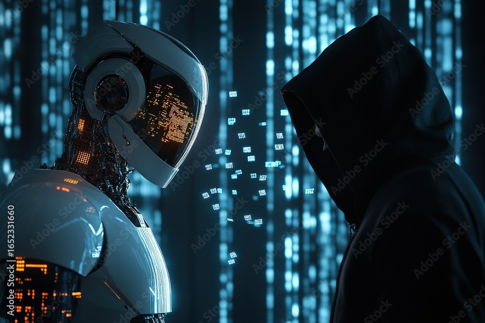 Poster a robot ai holding a magnifying glass, zooming in on a hidden malware signature within layers of bin