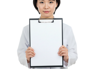 Woman in Lab Coat Holding Blank Clipboard Medical Professional Healthcare Research isolated on transparent background