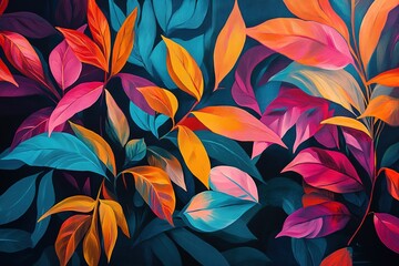 Soft, organic leaf silhouettes fading into a watercolor-inspired red, green, and yellow abstract wash, dreamy contemporary art