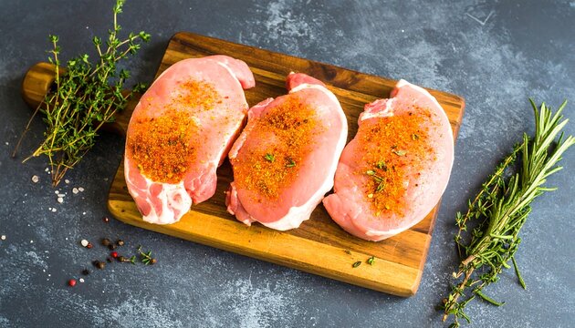 Three seasoned pork chops on a wooden cutting board, surrounded by herbs and spices