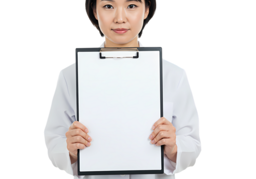 Woman in Lab Coat Holding Blank Clipboard Medical Professional Healthcare Research isolated on transparent background