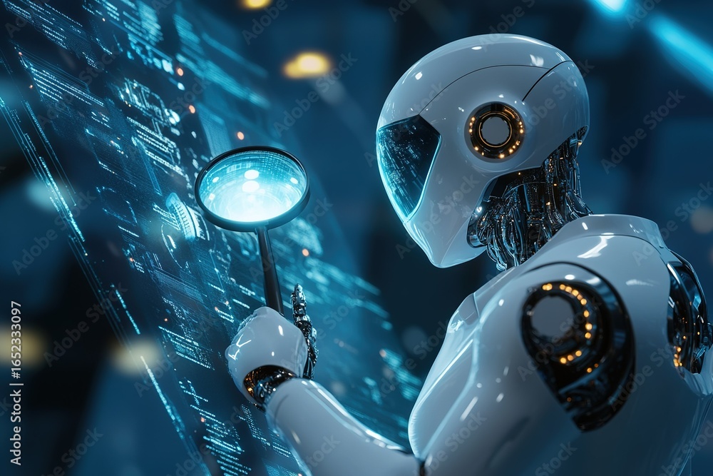 Aufkleber a robot ai holding a magnifying glass, zooming in on a hidden malware signature within layers of bin