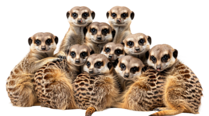 Group of Cheerful Meerkats Huddled Together on white background