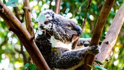 Obraz premium Grey koala in eucalyptus tree