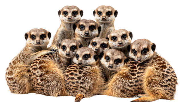 Group of Cheerful Meerkats Huddled Together on white background