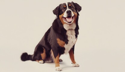 Happy Bernese Mountain Dog Sitting Against Light Beige Background
