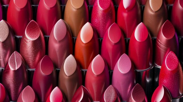 A row of lipsticks in various shades of red. Concept of abundance and variety, as there are many different shades of red lipstick on display