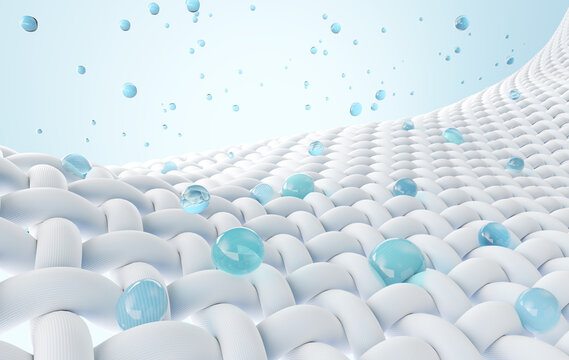 Close up of Water bubble cleans Macro fabric fiber of cloth, 3d rendering.