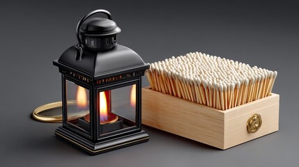 Illuminating Moments: A beautifully crafted lantern casts a warm glow, next to a box of matches, perfect for capturing the tranquil atmosphere. 