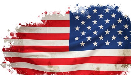 Watercolor American Flag with Distressed Edges and Splatter
