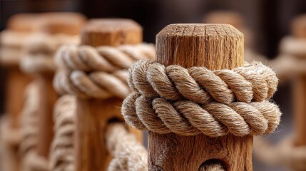 Rope-Wrapped Wooden Post: A close-up captures the textured beauty of weathered wood and intricately coiled rope, evoking a sense of nautical charm and craftsmanship. 