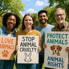 Diverse group advocating for animal rights and welfare at outdoor rally, promoting ethical treatment and loving homes for all creatures