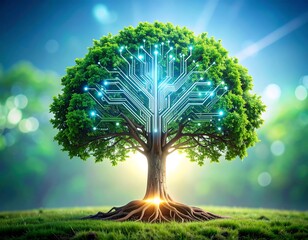 Digital tree with glowing roots