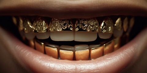 Close-up of gold grills on teeth, teeth smiling, mouth smiling with golden tooth grillz.