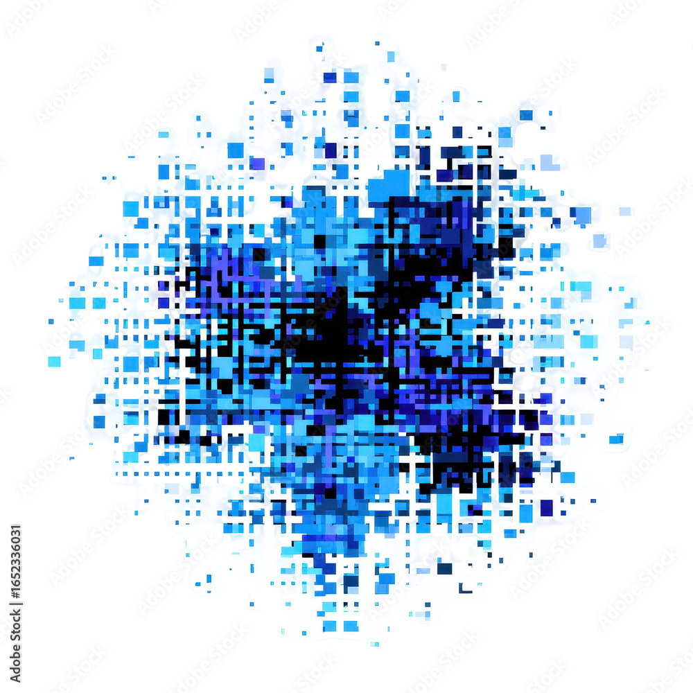 Poster abstract blue pixel explosion design creating dynamic energy and movement in a vibrant digital art f
