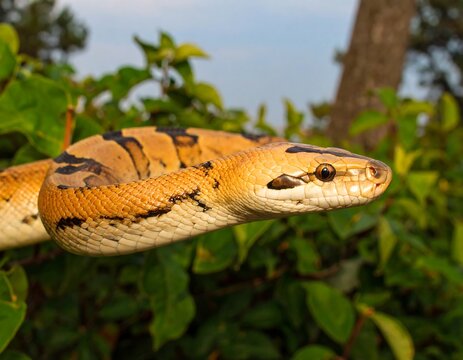 Ball python amidst lush greenery, showcasing its captivating patterns and serene nature within its