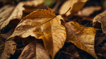 Macro close-up of wrinkled autumn leaves with warm nostalgic tones
