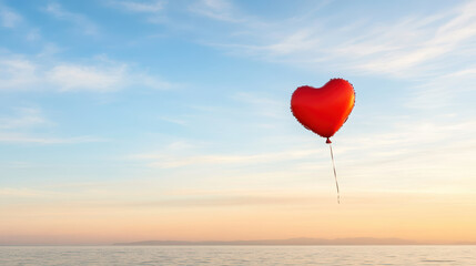 Heart shaped balloon floats gently against serene sunset sky, evoking feelings of love