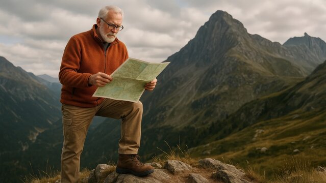 Elderly man reading a map during a hike in the mountains, enjoying adventure and outdoor exploration.