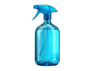 Blue plastic spray bottle filled with liquid cleaner, Isolated On White Background, Png Transparent