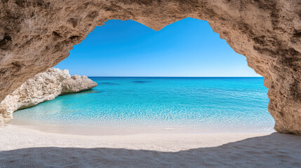 Heart shaped cave opening reveals stunning view of tranquil sea and sandy beach