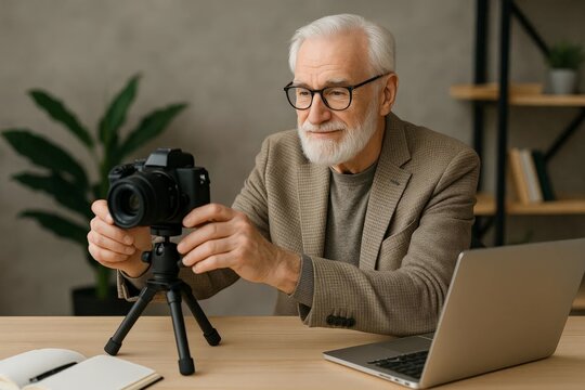 Elderly man adjusting a camera on a tripod while working at a desk with a laptop.